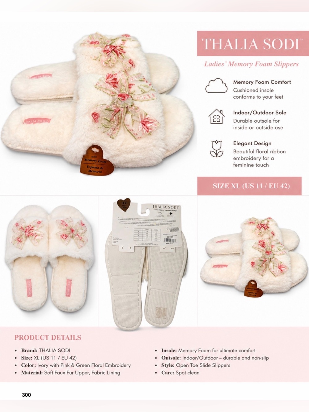 Thalia Sodi Ivory Memory Foam Floral Ribbon Slippers